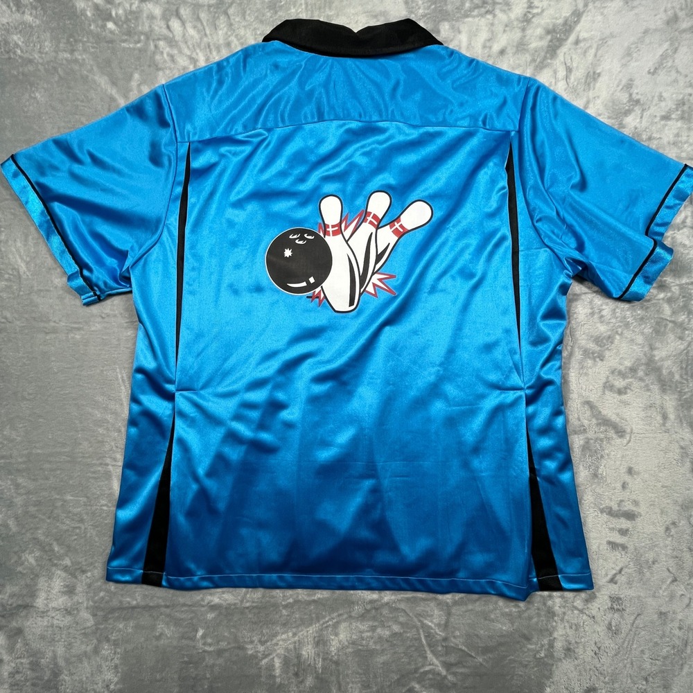 Cruisin USA Bowling Shirt Men Blue Retro Football Patches Short Sleeve Button XL